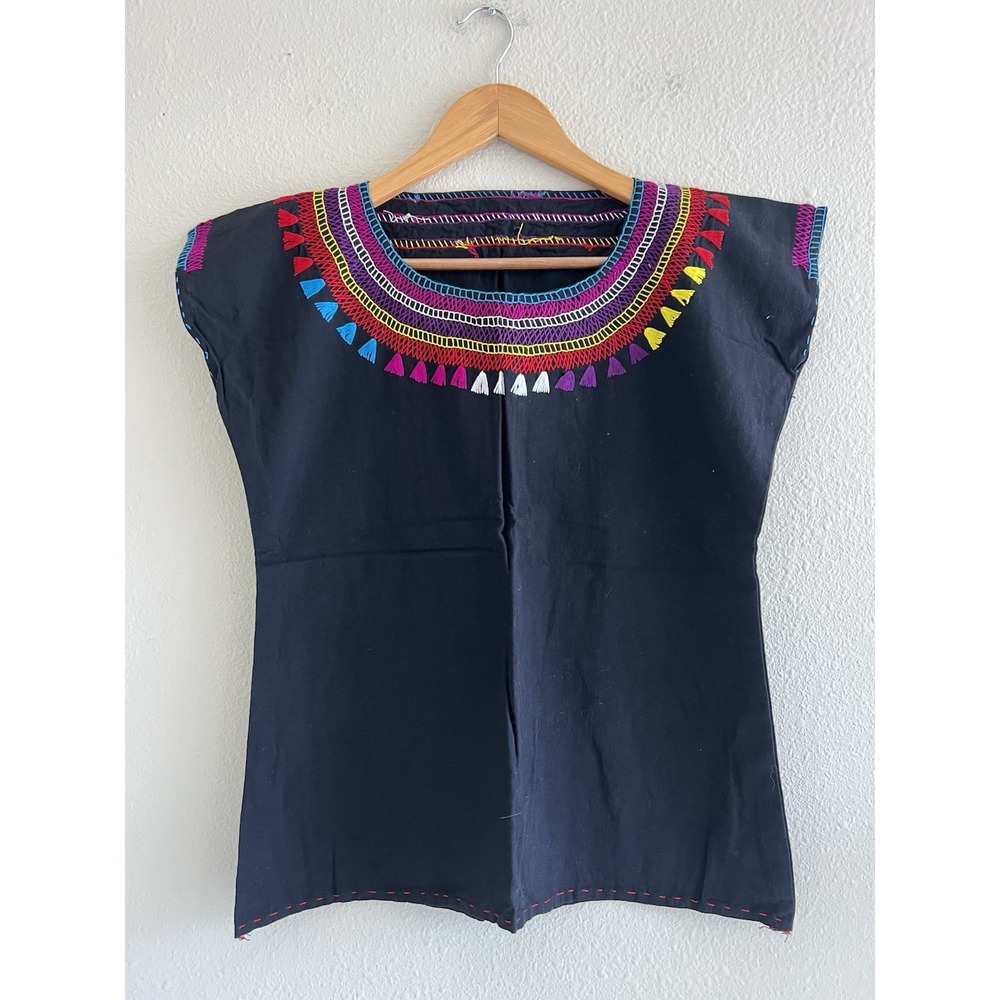 Mexican Huipil Black Embroidered Top Women's S/M Boho Festival Artsy